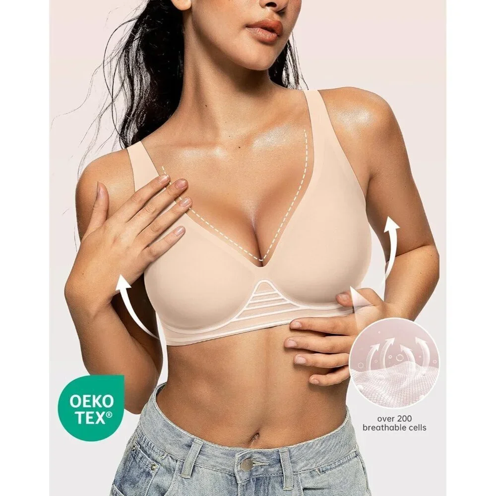 Women’s Deep V Wireless Bra Supportive Seamless T-Shirt Plunge Bralette Small